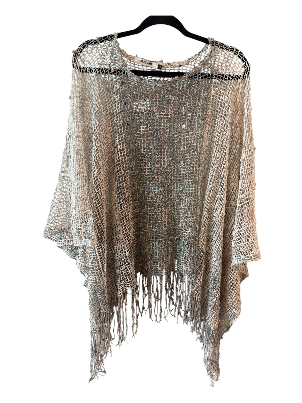 Origami Boho  Indie Open Knit Fringe Poncho – One Size